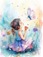 Enchanted Daydream of a Whimsical Girl Surrounded by Butterflies and Flowers in a Serene Outdoor Landscape