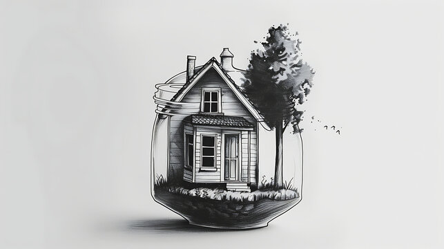 A black and white drawing of a house in a jar. Generative Ai