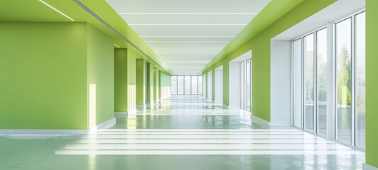 Obraz premium modern office, workspaces. tables chairs computers. very bright room. green tones. generative ai