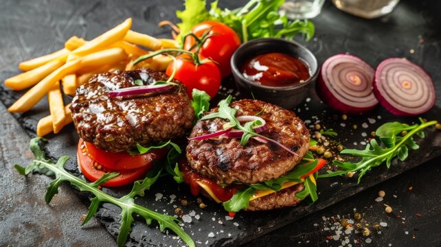 Delectable Beef Burger with Crisp Fries and Fresh Salad Garnish on a Rustic Wooden Platter,Appetizing and Satisfying Meal