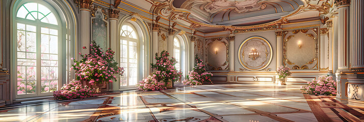 Luxurious Palace Interior: Opulent Decor with Golden Accents in a Royal Hall, Exuding Elegance and Historical Charm - obrazy, fototapety, plakaty