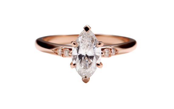 Glistening rose gold ring featuring a captivating pear shaped diamond, reflecting warm hues in a romantic setting