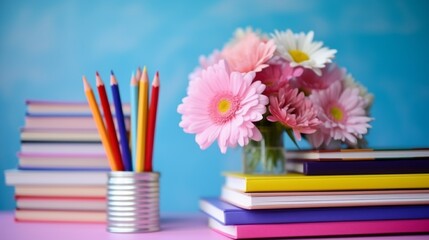 A vase of pink flowers sits on a desk next to a stack of books - Powered by Adobe