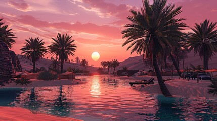 Fototapeta na wymiar Palm Tree Paradise A Pink Sunset Serenade Generative AI