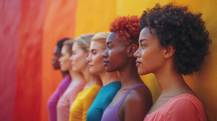 Group of women standing in front of rainbow colored wall, young adult, adult, african ethnicity, multi-ethnic group