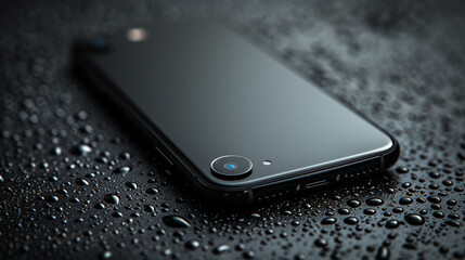 Black phone on wet surface, technology, drop, wireless technology, macro - obrazy, fototapety, plakaty