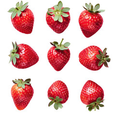 Nine vibrant red strawberries surrounded by green leaves on a transparent background