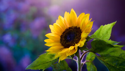 Obraz premium Bright sunflower on a blue background. Flora and nature summer background.