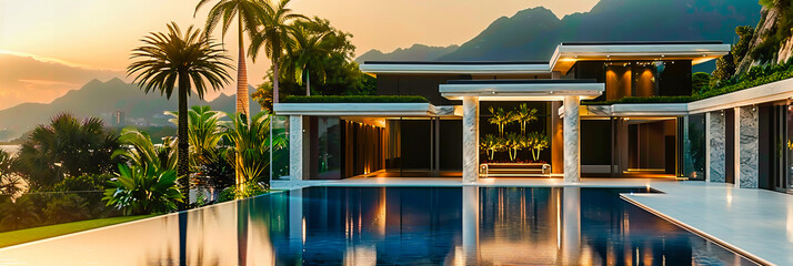 Luxurious Poolside Retreat: A Stunning Resort with Lush Greenery, Offering a Perfect Escape into Paradise - obrazy, fototapety, plakaty