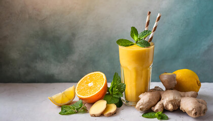 Healthy smoothie with lemon, orange, ginger and mint. Glass of fresh fruit juice. 