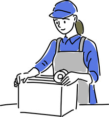 梱包をする女性の引越し業者シンプル線画