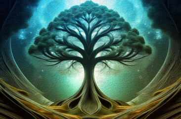 Fantasy illustration of the tree of life with an ornate structure of roots and branches in calm, cold, warm shades of blue, green, yellow in the style of oil painting.