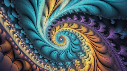 Fractal spiral, Julia set, in soft pastel colors of blue, yellow, purple in oil paint style