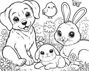 Playful Animals Adventure: Children's Coloring Book Illustration - 772175774