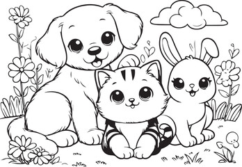 Playful Animals Adventure: Children's Coloring Book Illustration - 772175798