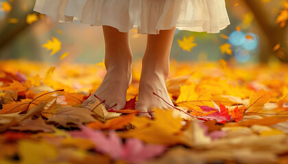 Autumn Whispers: The quiet beauty of autumn captured in the image of a young woman's feet standing gracefully among a tapestry of vibrant leaves, a poetic whisper of seasonal change