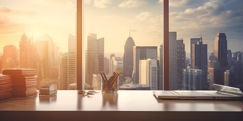 Businessman's office and desk with beautiful buiding  in backround at a suny day light modern office interior with panoramic windows.