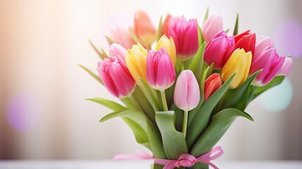 A bouquet of tulips in a vase with a pink ribbon