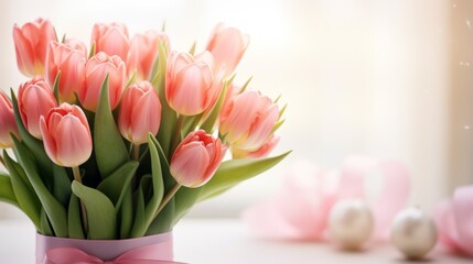 A bouquet of pink tulips sits in a vase on a table