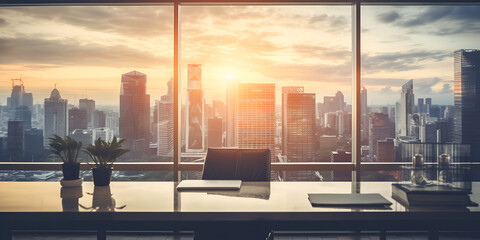 Interior of a modern office with desks, computer. Office at sunset with buiting in backround with panoramic windows.
