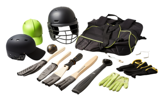 Protective sports equipment including a helmet, gloves, pads, and other gear - Powered by Adobe