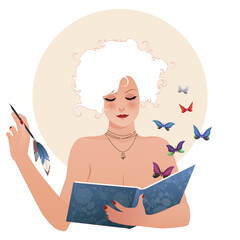 Retro Inspired Vector Illustration of a Young Woman Embodying Literary Inspiration, Isolated on White Background. Symbolic Image of Calliope, Muse of Epic Poetry and Eloquence.