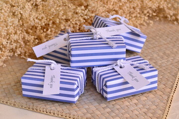 Nautical sailor style wedding decoration favors guest gifts boxes blue white stripped packaging...