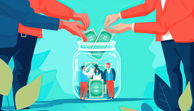 Contingency Fund: Capture the concept of a contingency fund with a vector illustration showing professionals diligently saving money in a jar for unforeseen circumstances