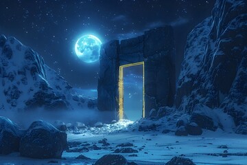 Ethereal Portal to a Frozen Wonderland under the Starry Night Sky in a Dreamlike Cubist Landscape - obrazy, fototapety, plakaty