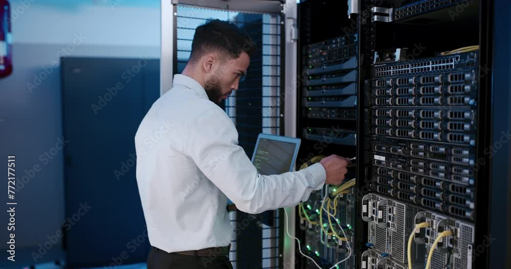 Poster Technician, server room and laptop with cables connection for system maintenance, hardware or software backup. Man or programmer on computer by power engineering, programming or coding in data center