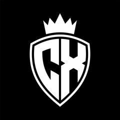 CX Letter monogram shield and crown outline shape with black and white color design
