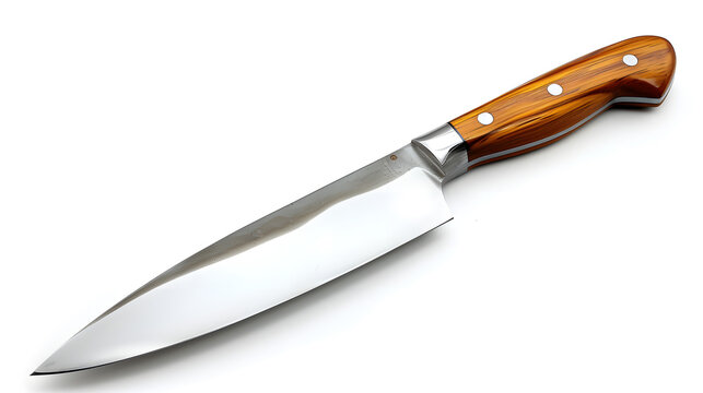 A Chef Knife with a wooden handle and a silver blade isolated on a white background