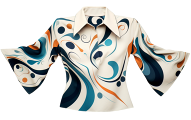 A white shirt adorned with intricate blue and orange designs, reminiscent of waves and sunsets