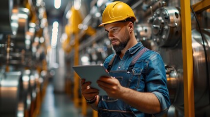 An operator with a tablet controls the process at a manufacturing plant. Smart industry in the factory, digital technologies and workplace management software