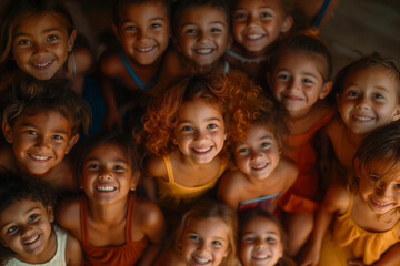 Fototapeta premium portrait children standing next to each other nationalities different skins beautiful little girls in costumes top view of joyful friendship nations internationalism peace and goodness new generations