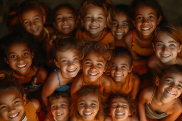 portrait children standing next to each other nationalities different skins beautiful little girls in costumes top view of joyful friendship nations internationalism peace and goodness new generations - obrazy, fototapety, plakaty