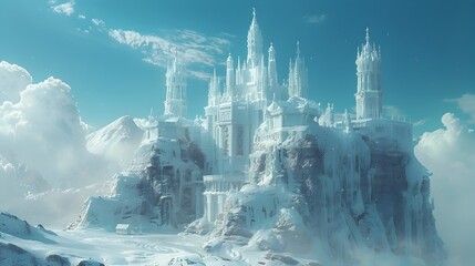 Majestic Frozen Kingdom's Ethereal Castle Towers Adorned with Regal Elegance and Luxurious Details - obrazy, fototapety, plakaty