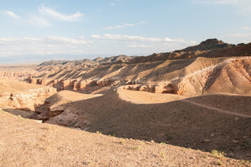 Landscape view of Charyn canyon or the Grand canyon of Kazakhstan during sunset, horizontal shot