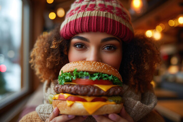 Young happy chubby woman with big cheeseburger having lunch in cafeteria, smiling girl portrait close-up