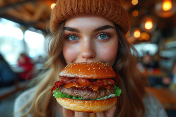 Young happy chubby woman with big cheeseburger having lunch in cafeteria, smiling girl portrait close-up