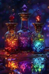 Mesmerizing Potion Bottles with Glowing Jewel-Toned Elixirs in a Cinematic,Photographic Style