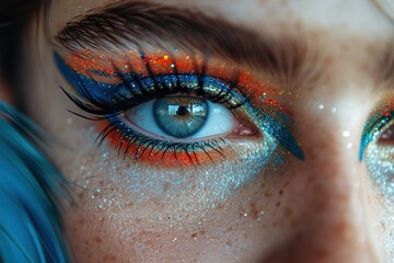 Render a makeup artist's backstage setup at a music festival, featuring bold and vibrant makeup looks for performers and festival attendees