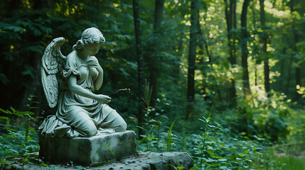 Fototapeta na wymiar A statue of an angel is sitting on a rock in a forest. Generative Ai