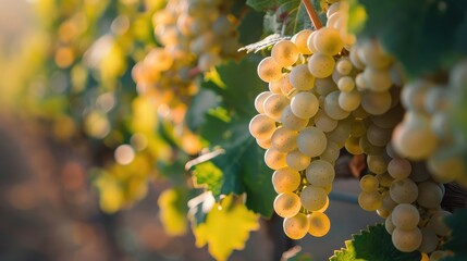 background, White grape bunch on vine in a vineyard, surrounded by green leaves and ripe berries,...