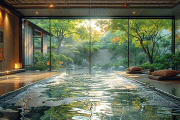 Render a serene spa in Kyoto, Japan, offering guests traditional Japanese hot spring baths and...