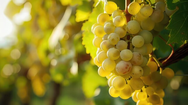 background, White grape bunch on vine in a vineyard, surrounded by green leaves and ripe berries, representing a healthy and fresh harvest from the autumn season