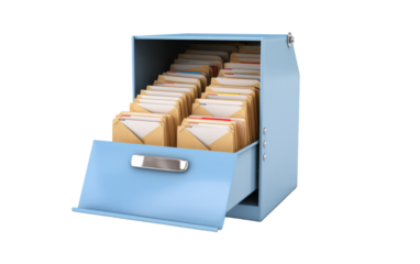 A blue file cabinet brimming with files and folders