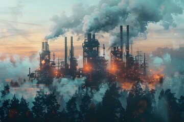 Obraz premium Surreal Futuristic Industrial Landscape with Towering Carbon-Emitting Factories and Billowing Smoke at Sunset