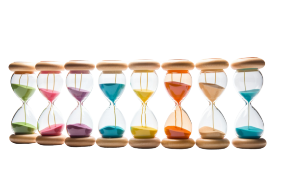 A row of sandglasses in various colors and sizes filled with different shades of sand