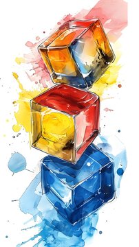 Vivid Geometric Cubes in Watercolor Style Representing Parallel Processing and Digital Innovation